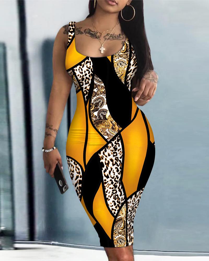 

Baroque Leopard Print Sleeveless Bodycon Dress, Yellow