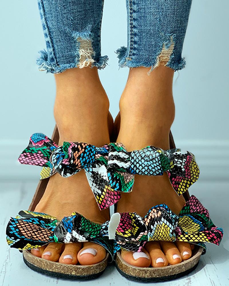

Snakeskin Pattern / Colorblock Bowknot Design Footbed Sandals, Multicolor