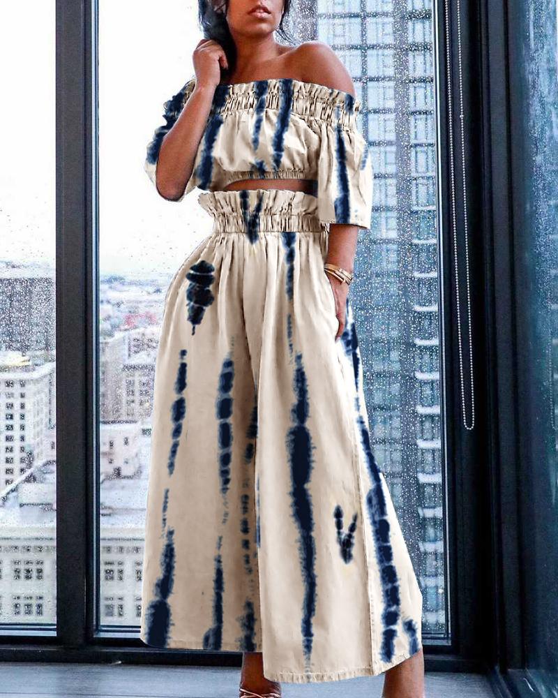 

Colorblock Off Shoulder Crop & Wide Leg Pants Sets, Apricot