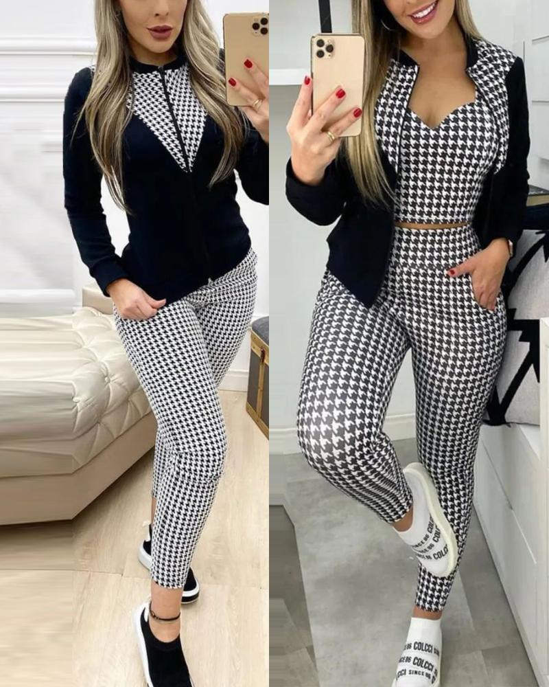 

3PCS Houndstooth Print Crop Top & Pants Set With Coat, Blackwhite