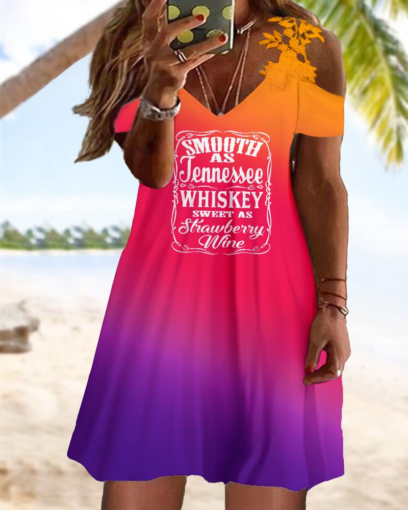 

Plus Size Smooth As Tennessee Whiskey Sweet As Strawberry Wine Print Ombre Lace Patch Casual Dress, Multicolor