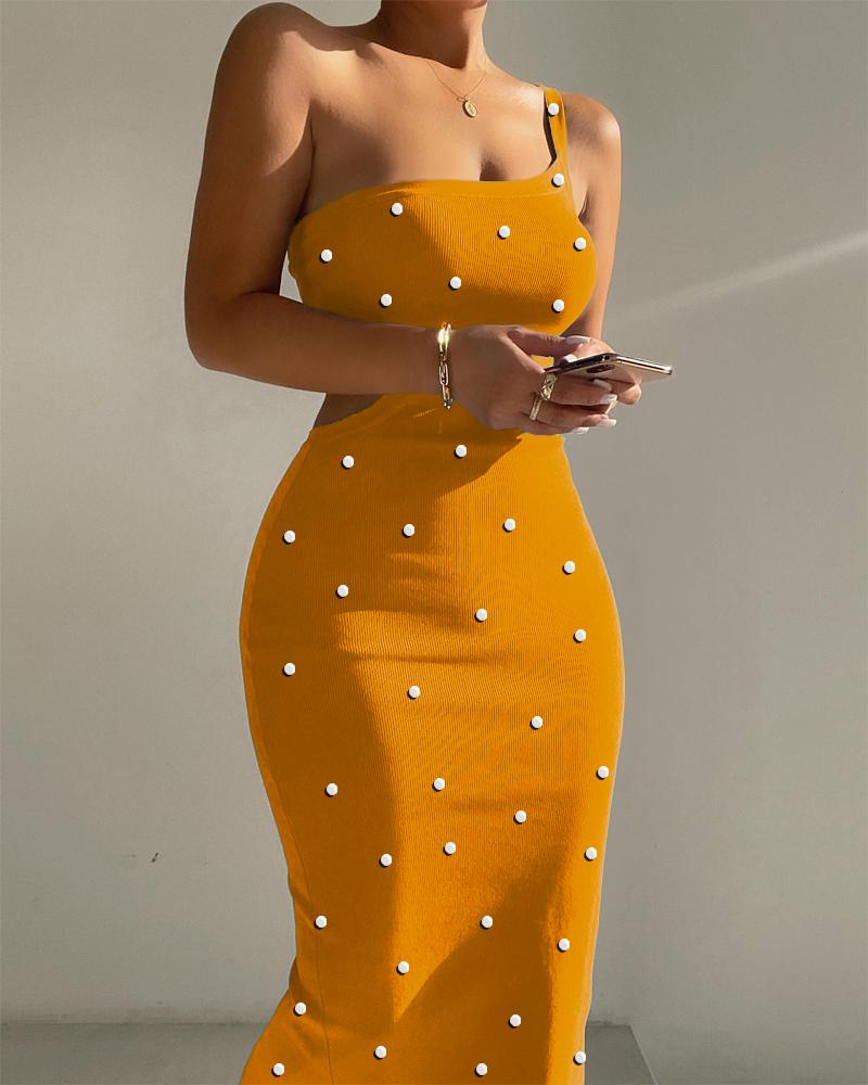 

Beaded Decor One Shoulder Cutout Bodycon Dress, Yellow