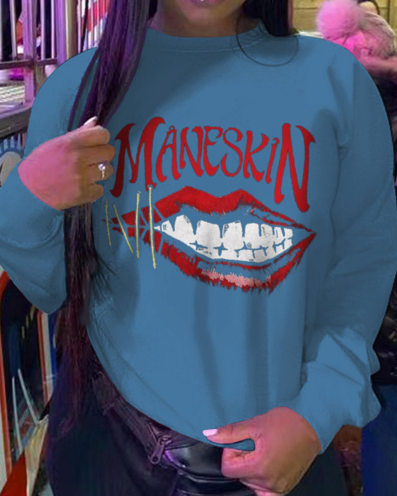 

Plus Size Lip Letter Print Long Sleeve Sweatshirt, Blue