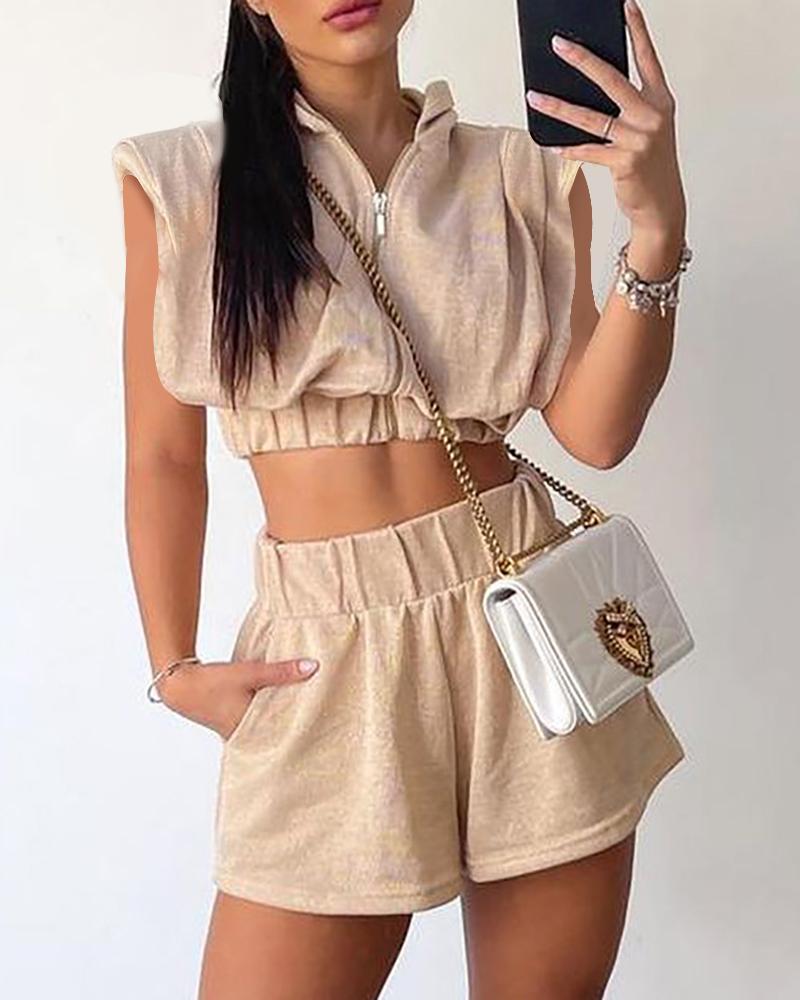 

Padded Shoulder Zipper Design Top & Shorts Set, Apricot