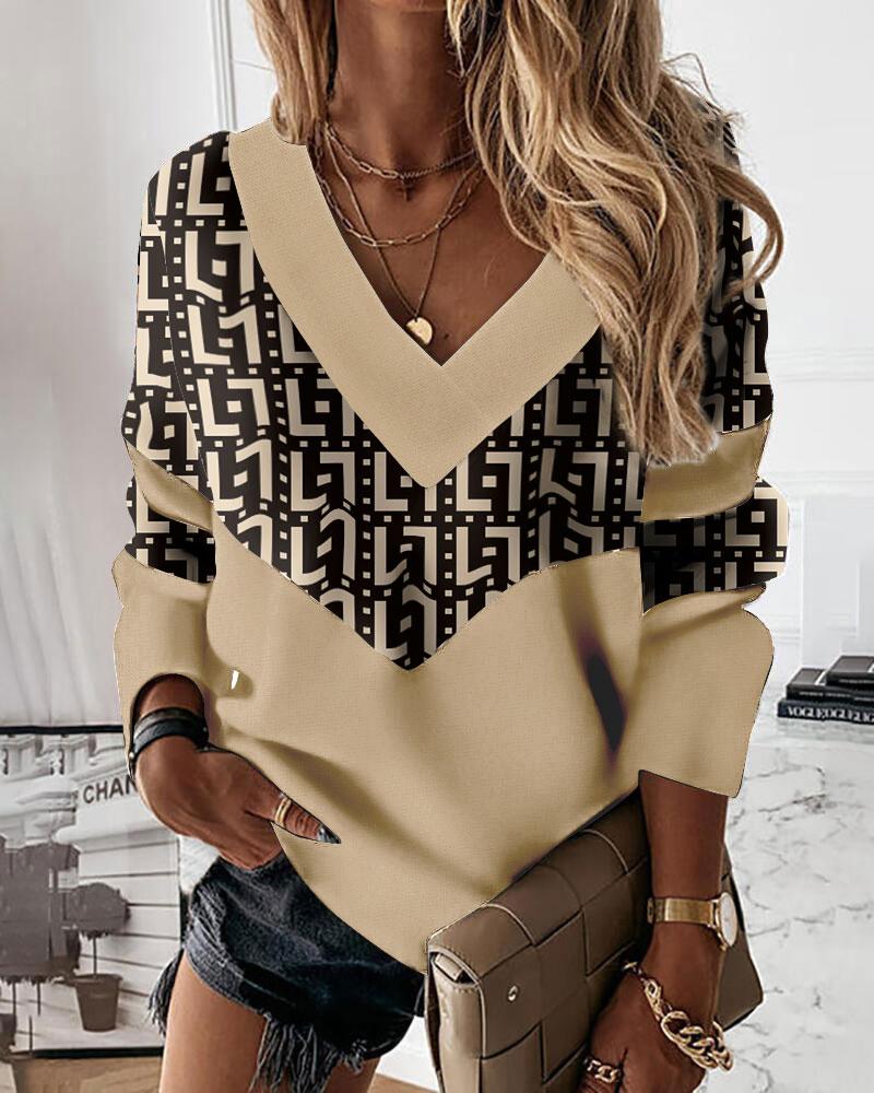 

Geometric Print Patchwork Long Sleeve Top, Khaki