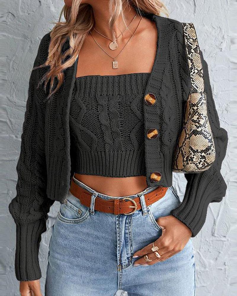 

Long Sleeve Cable Knit Cardigan With Crop Top, Black