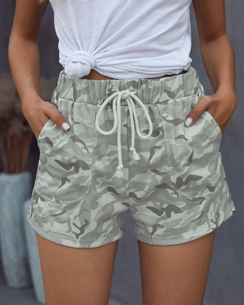 

Camouflage Print Pocket Design Drawstring Shorts, Gray