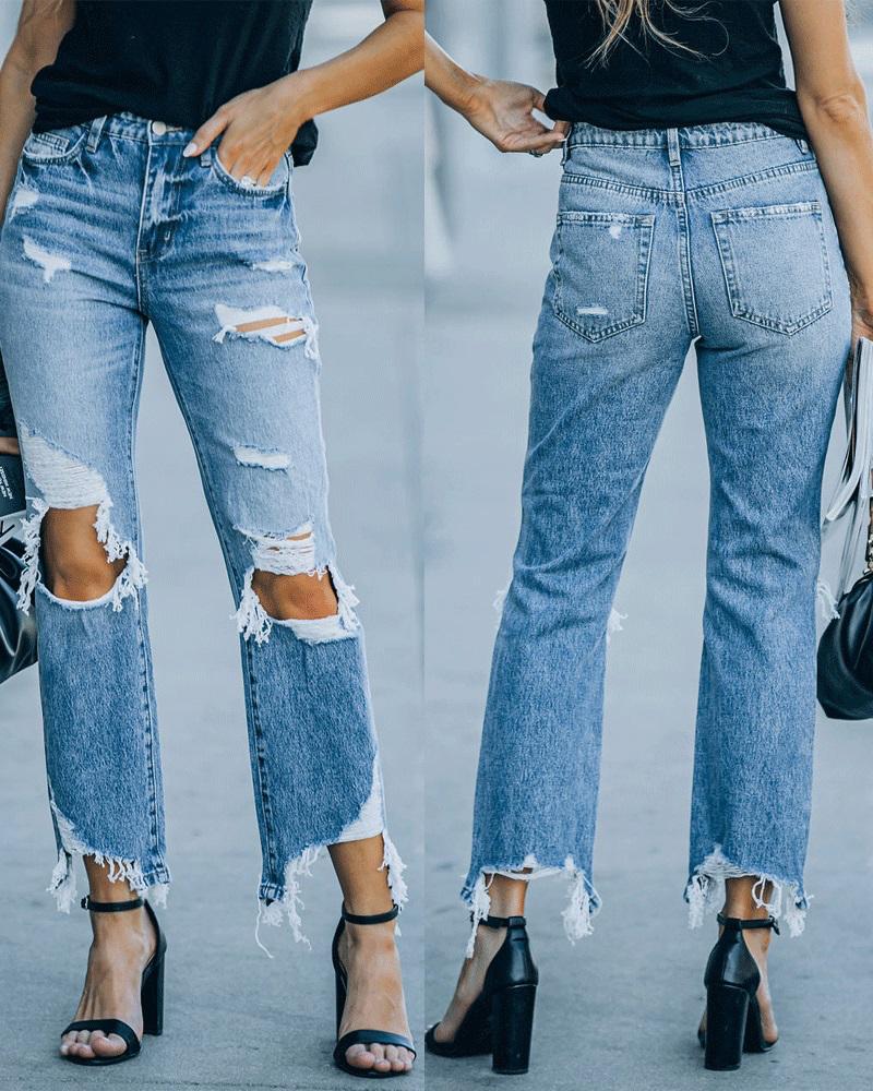 

Zip Fly Cutout Ripped Raw Hem Jeans, Blue