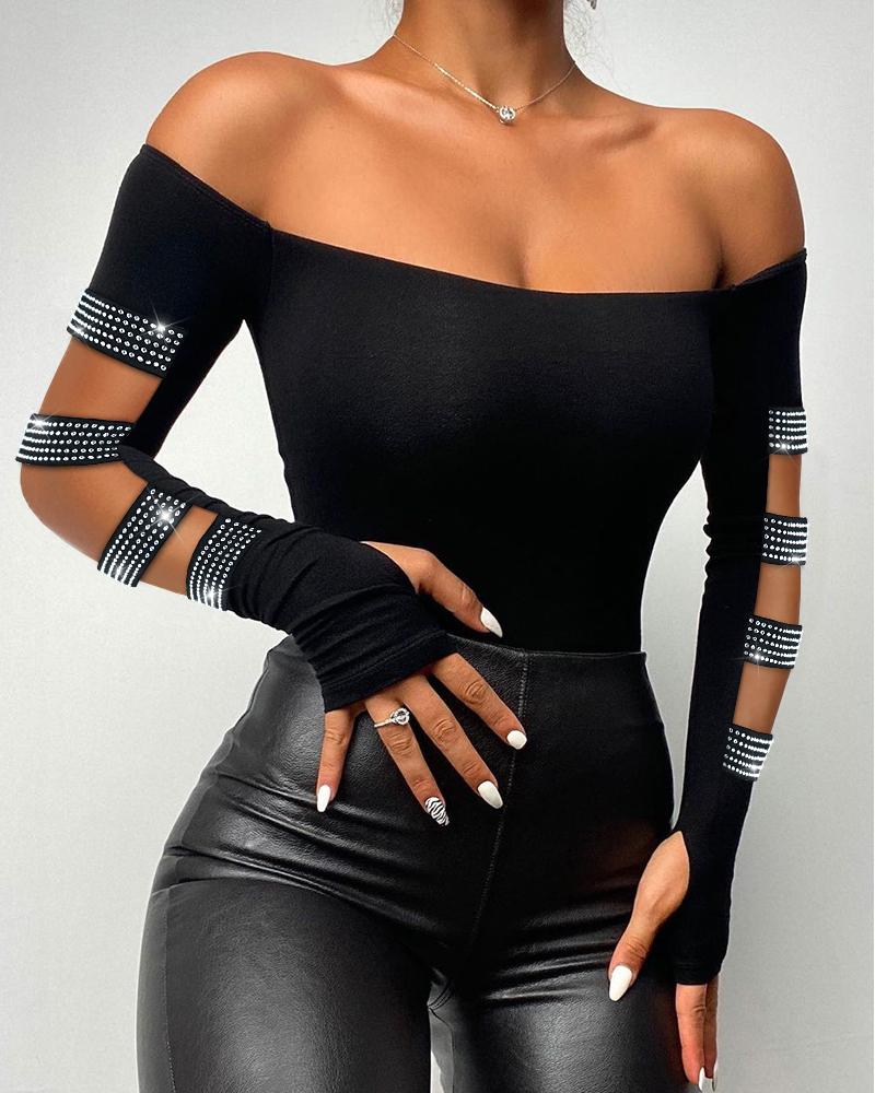 

Rhinestone Decor Cutout Off Shoulder Top, Black