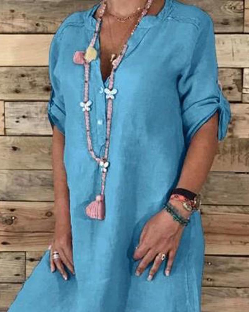

Linen Cotton Casual Midi Dress, Blue