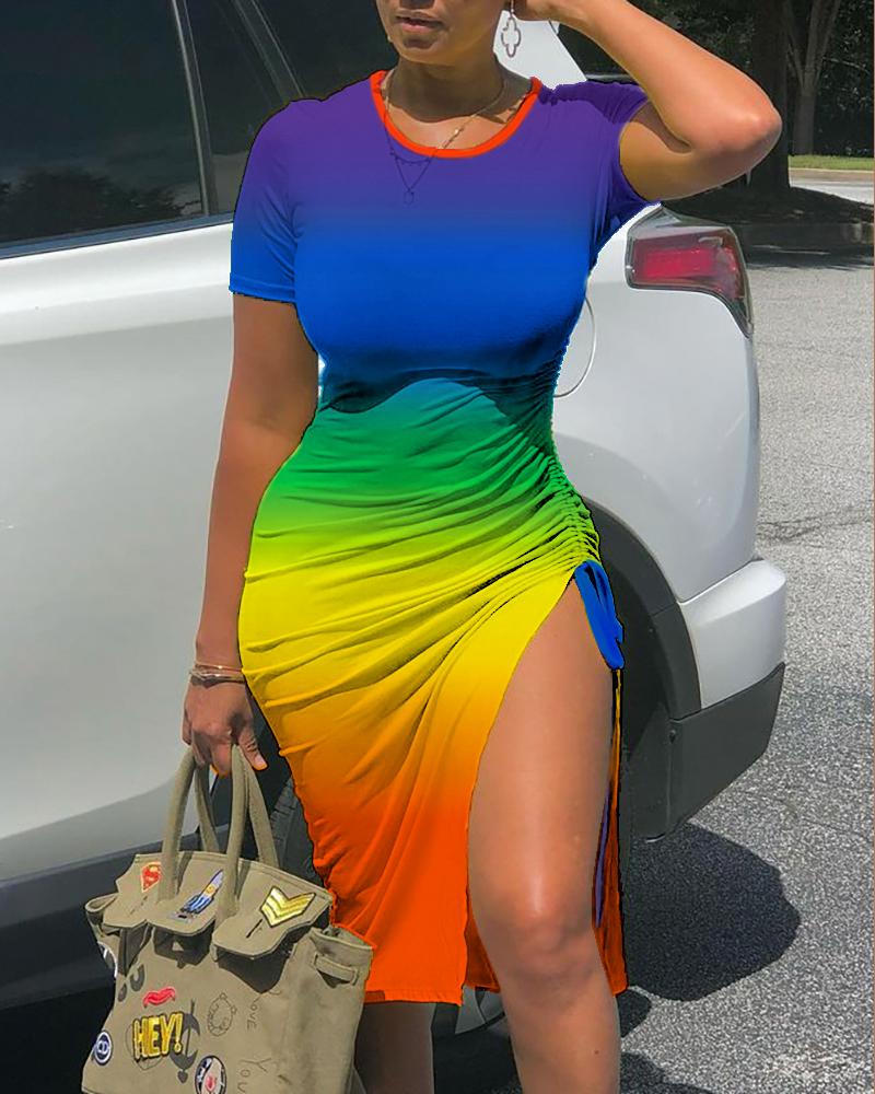 

Rainbow Ombre Drawstring Ruched High Slit Dress, Multicolor