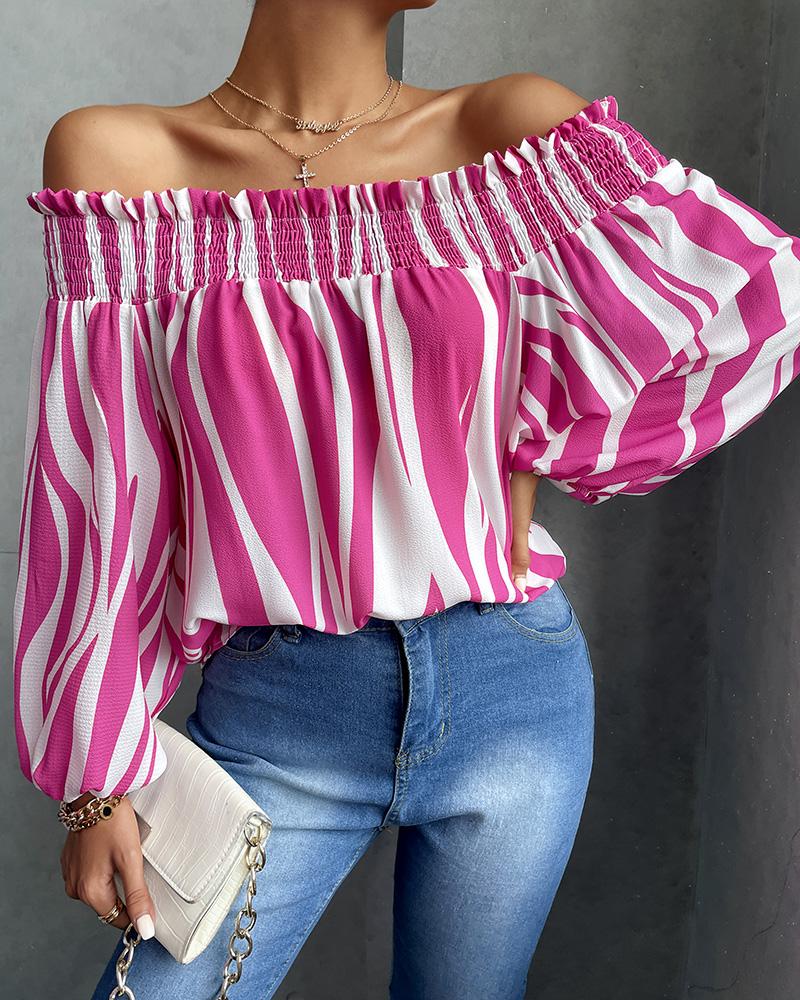 

Off Shoulder Stripe Print Lantern Sleeve Top, Hot pink