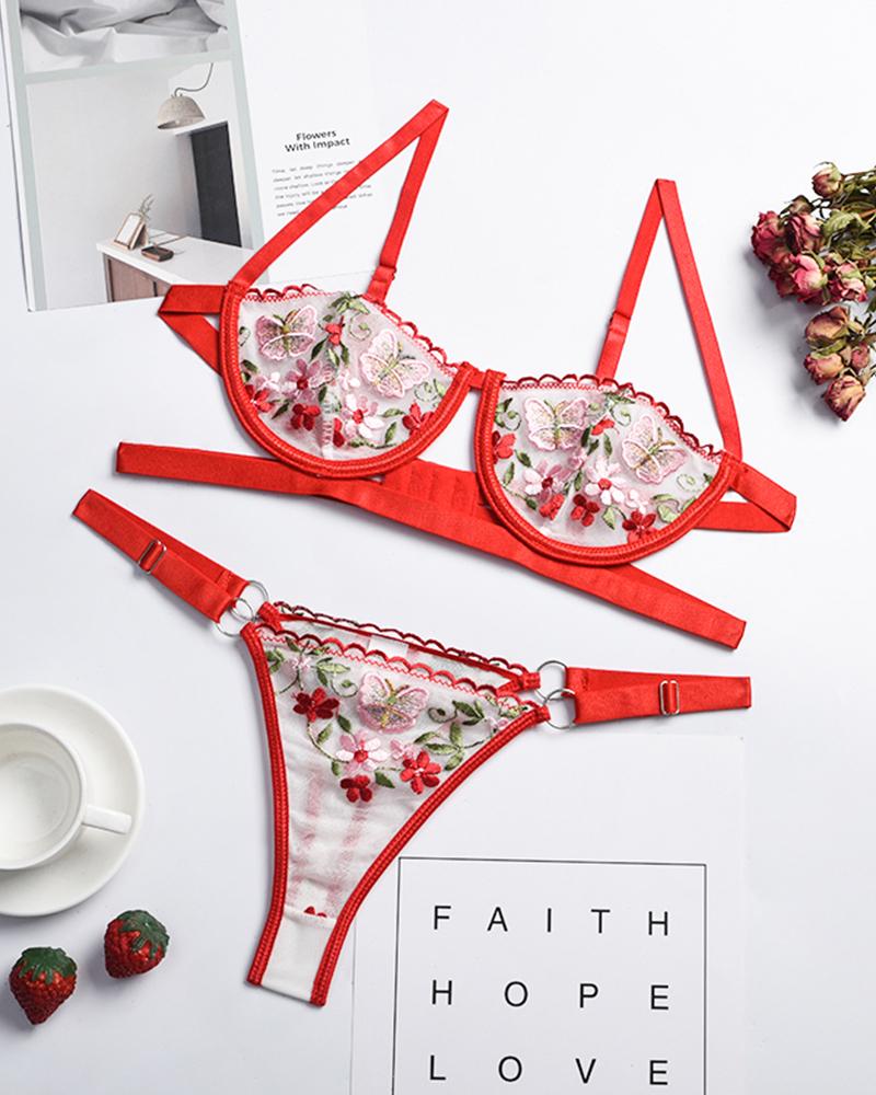 

Sexy See-through Mesh Splicing Embroidery Sling Bra Sets, Red