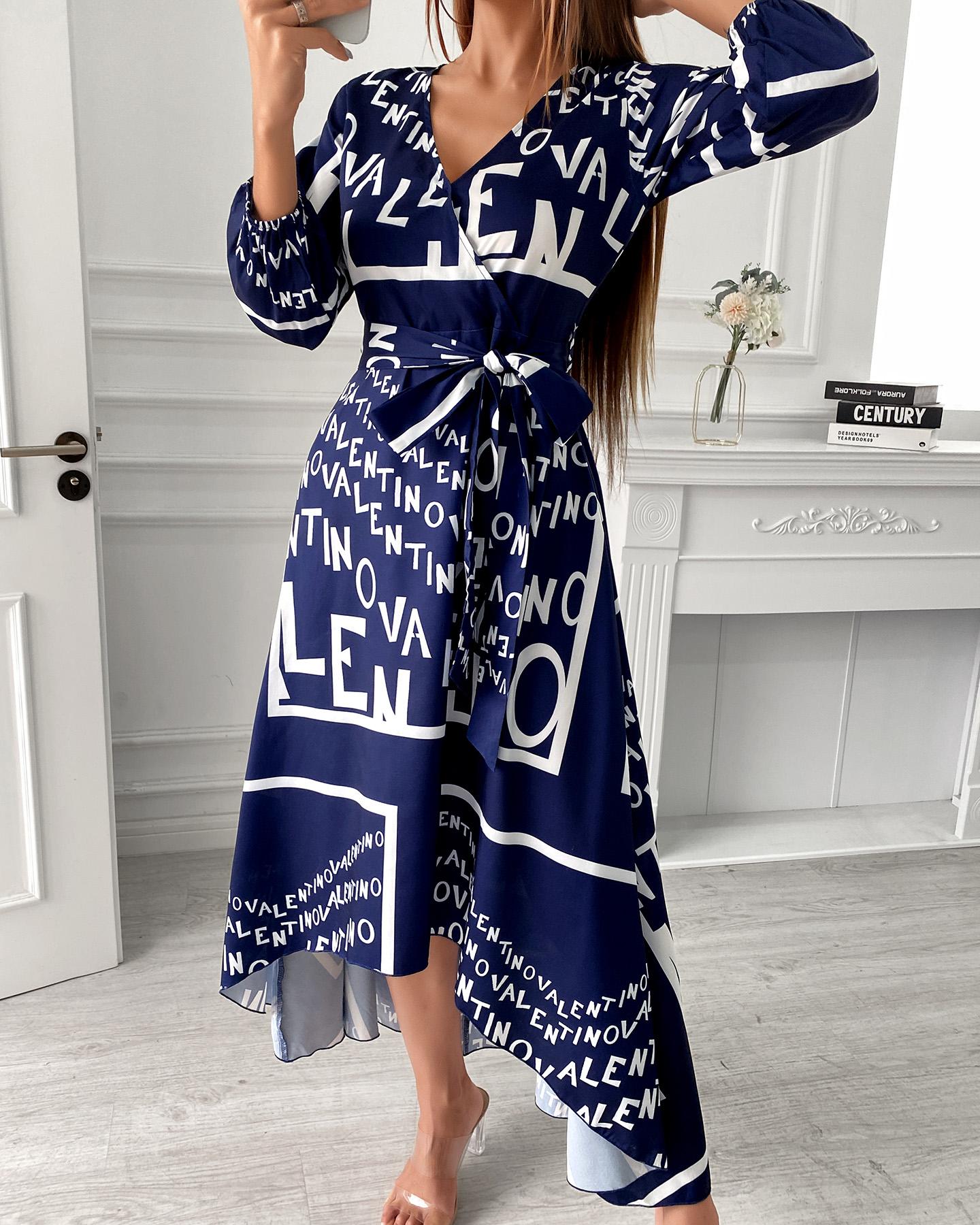 

Letter Print Layered Irregular Maxi Dress, Purplish blue