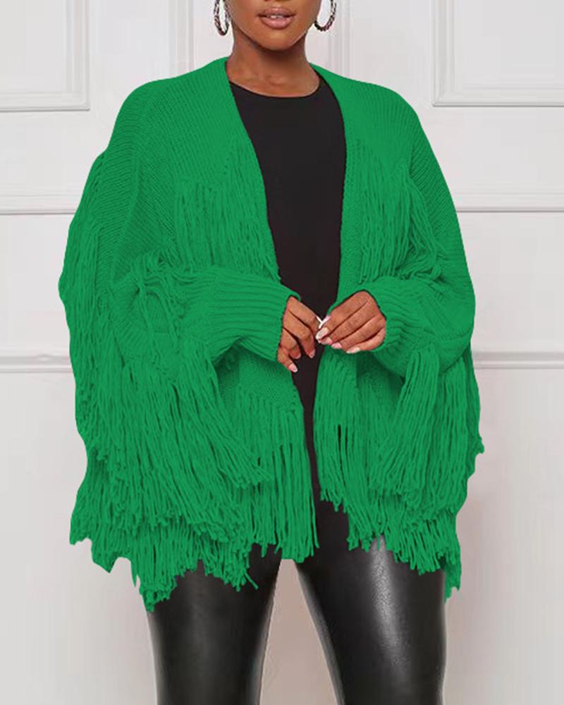 

Tassel Design Long Sleeve Knit Cardigan, Green