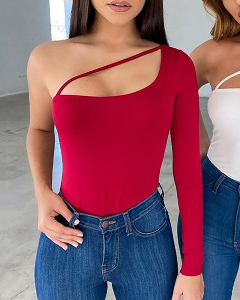 

One Shoulder Solid Slim Bodysuit, Red