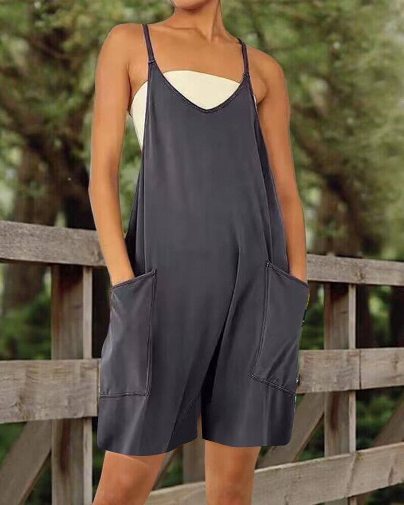 

Pocket Design Plunge Cami Romper, Gray