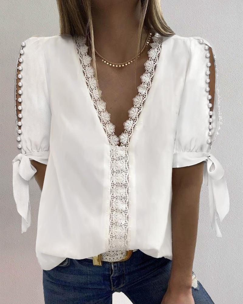 

Beaded Decor Split Sleeve Contrast Lace Top, White