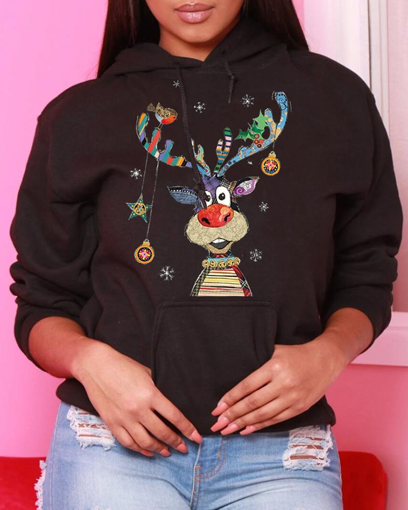 

Christmas Elk Print Pocket Design Hooded Sweatshirt, Black