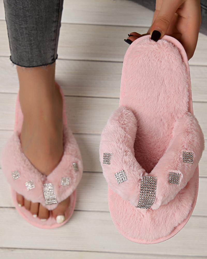 

Rhinestone Decor Top Post Fuzzy Flip Flops, Pink