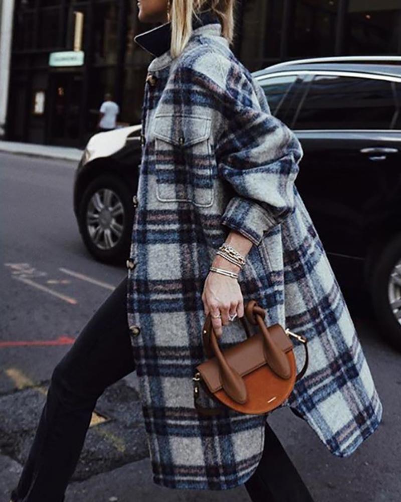 

Buttoned Pocket Design Checked Shacket, Gray