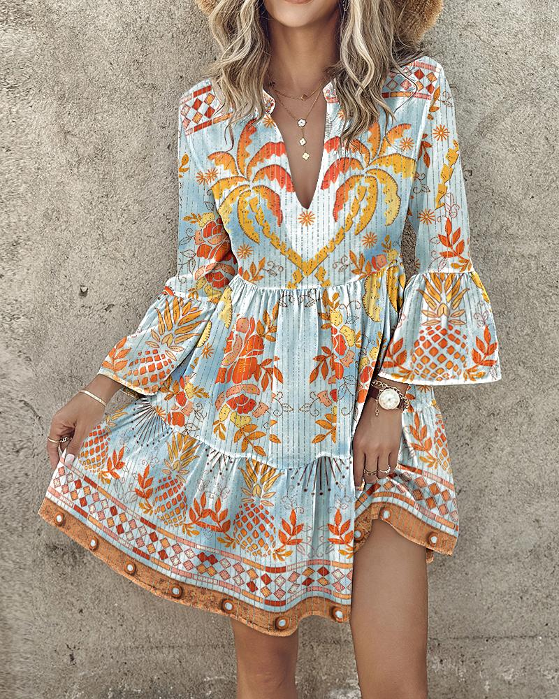 

Coconut Tree Pineapple Print Ruffles Casual Dress, Blue