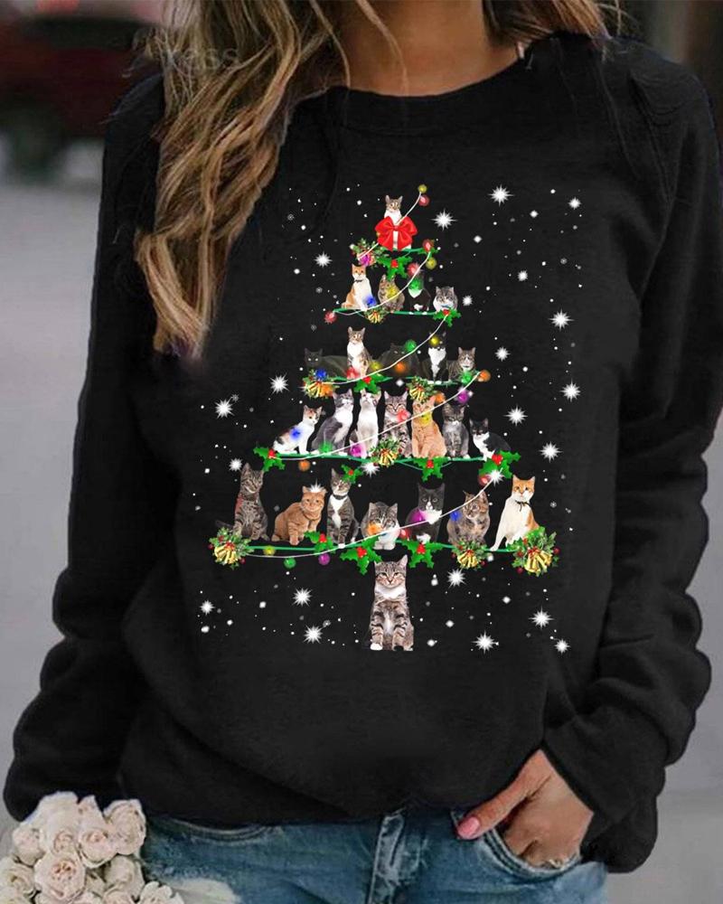 

Christmas Tree Cat Print Casual Top, Black