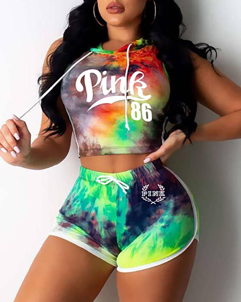 

Tie Dye Print Letter Crop Top Suit Set, Green