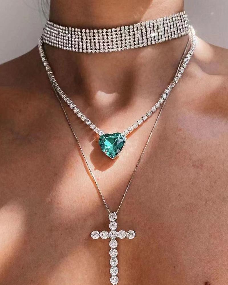 

3PCS Heart Shaped Rhinestone & Cross Pattern Studded Layered Necklace, Green