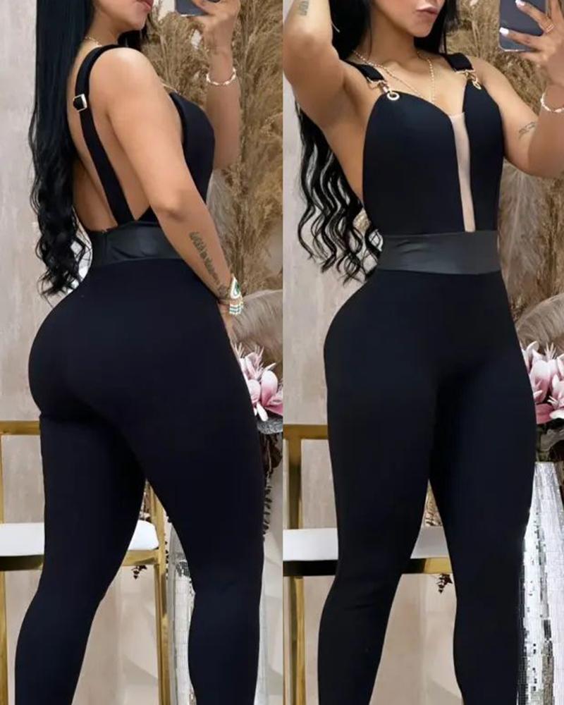 

Sleeveless Contrast Mesh Suspender Jumpsuit, Black