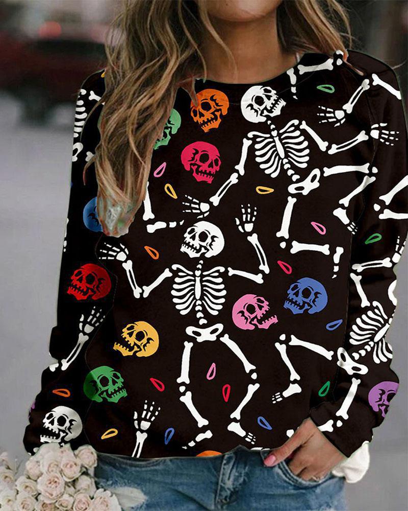 

Halloween Skeleton Print Long Sleeve Sweatshirt, Black