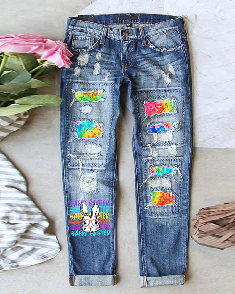 

Happy Easter Bunny Tie Dye Print Ripped Patchwork Jeans, Blue