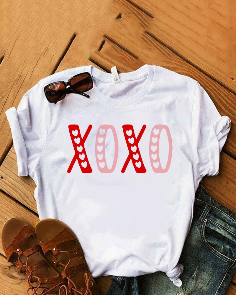 

Valentine's Day Heart Letter Print Short Sleeve T-shirt, White