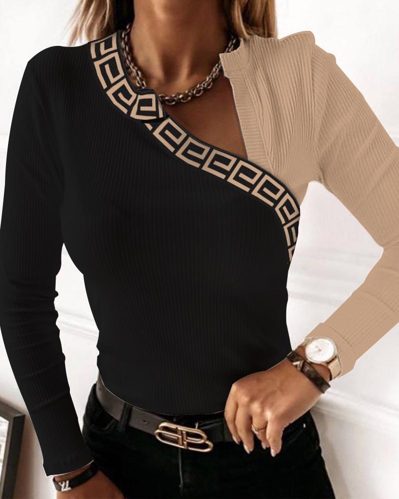 

Colorblock Geo Trim Long Sleeve Ribbed Top, Brown