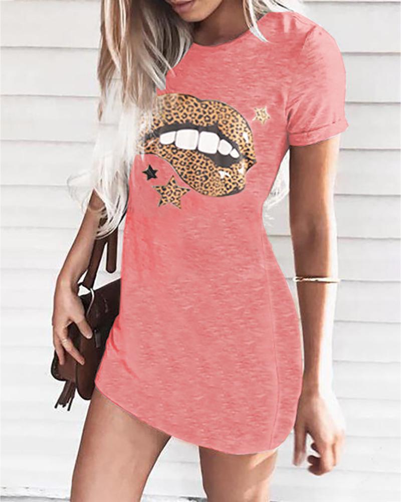 

Star Lip Leopard Print Casual Dress, Pink