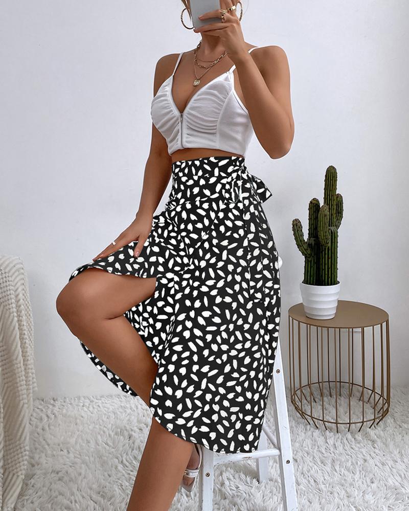 

Leaf Print Tied Detail Wrap Skirt, Black