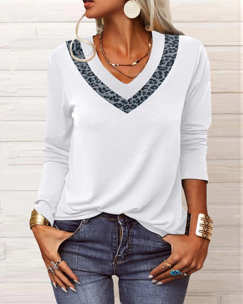

Contrast Leopard Long Sleeve Top, White