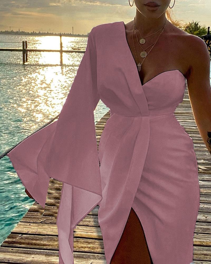 

One Shoulder Ruched Irregular Sleeve Party Dress, Pink