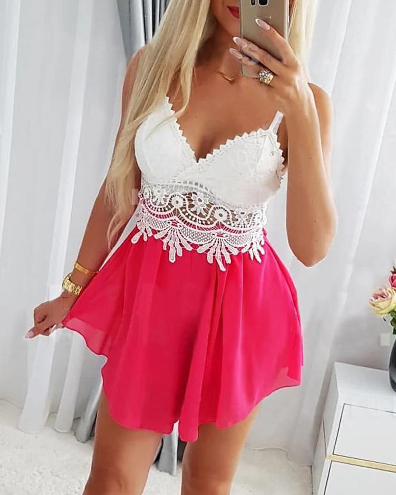 

Contrast Lace V-Neck Cami Dress, Hot pink