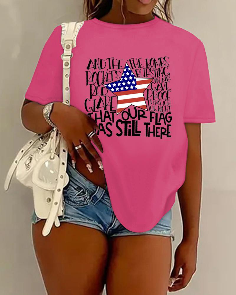 

Independence Day Flag Letter Print Crew Neck Casual T-shirt, Hot pink