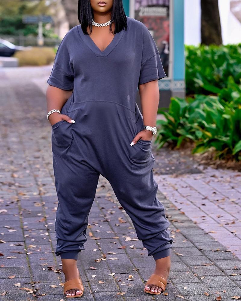 

Pocket Design Plain Short Sleeve Jumpsuit, Dark blue