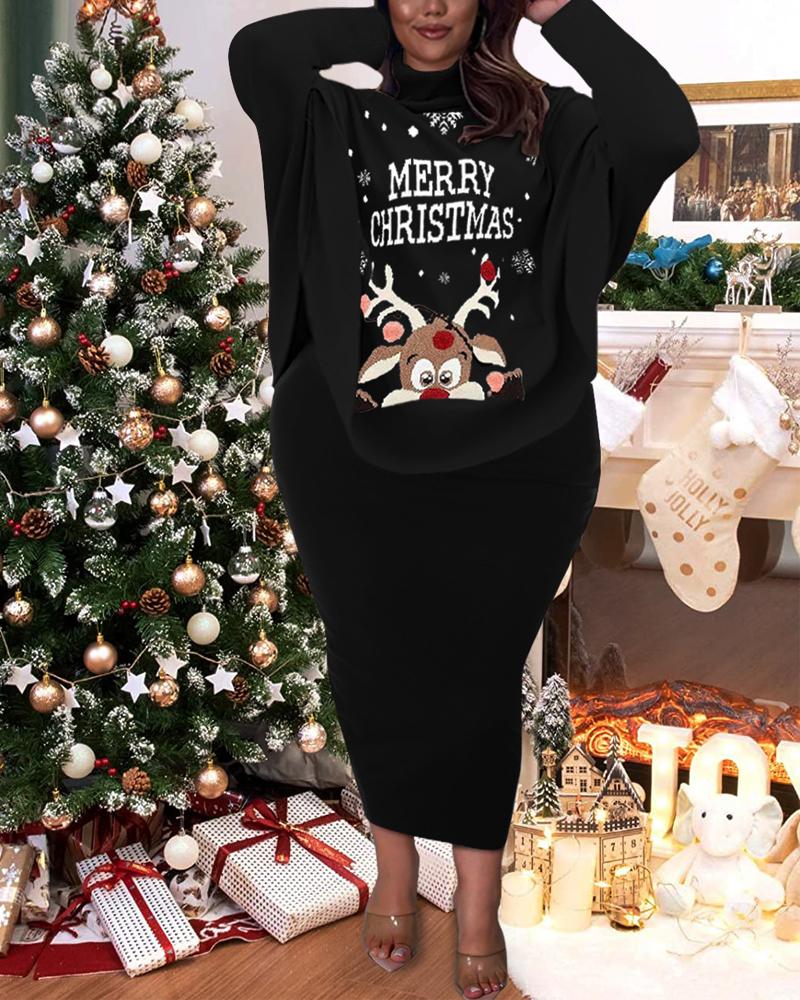 

Plus Size Christmas Elk Print Ribbed Top & Skirt Set, Black