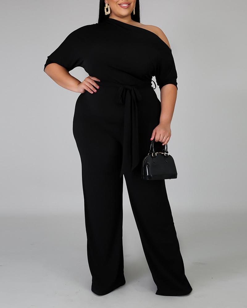 

Plus Size Skew Neck Jumpsuit With Belt, Black