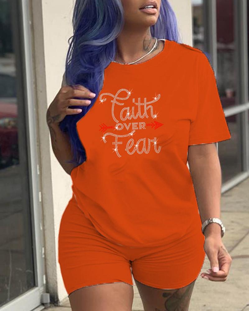 

Rhinestone Letter Pattern Casual Top & Shorts Set, Orange