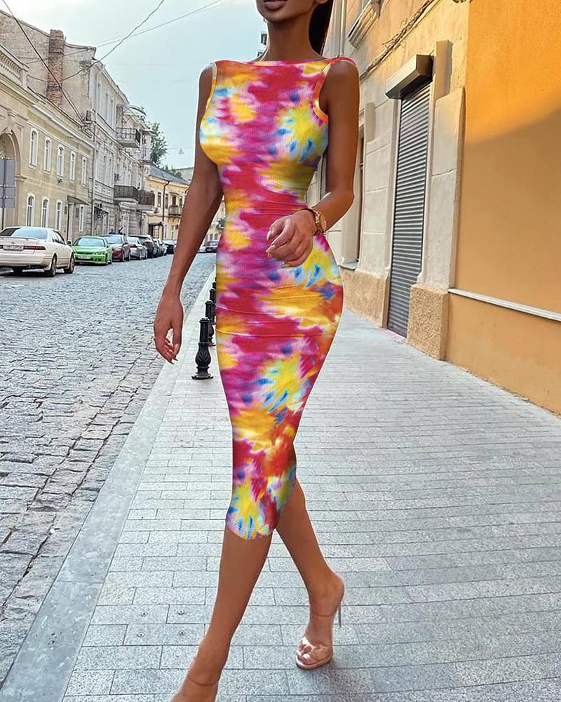 

Tie Dye Print Sleeveless Backless Dress, Multicolor