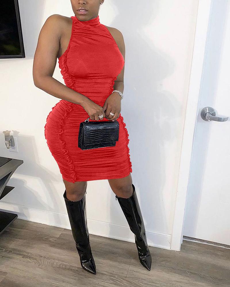 

Solid Mesh Patchwork Skinny Sleeveless Mini Zip-up Dress, Red