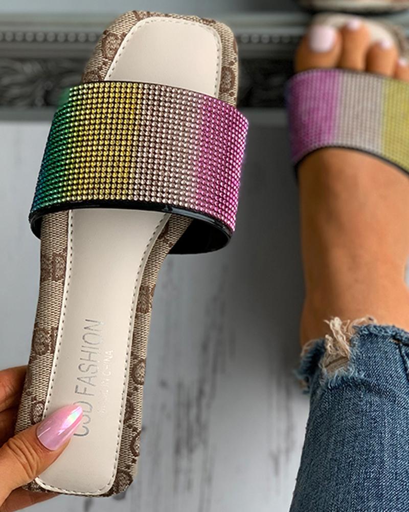 

Colorful Studded Square Toe Flat Sandals, Beige