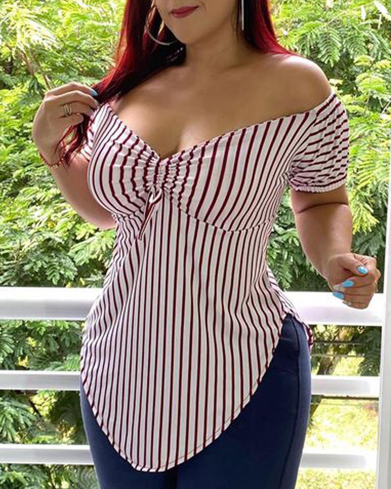 

Striped Print Ruched Bust Asymmetrical Top, Red