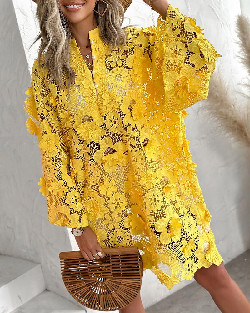 

Robe décontractée ajourée à motif floral, Yellow