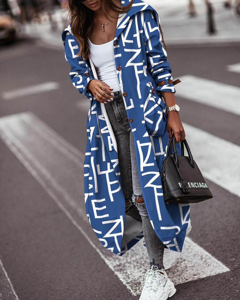 

Letter Print Button Front Longline Trench Coat, Blue